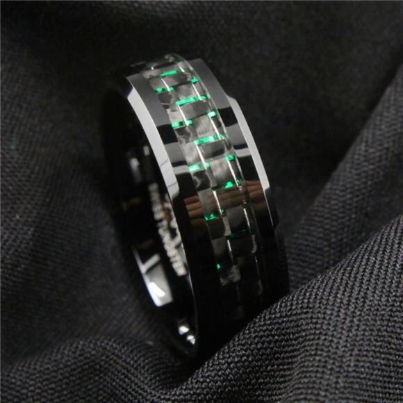 Men's Wedding Band Rings - Black and Green Carbon Fiber - Wedding Rings for Men - Picture 2 of 4